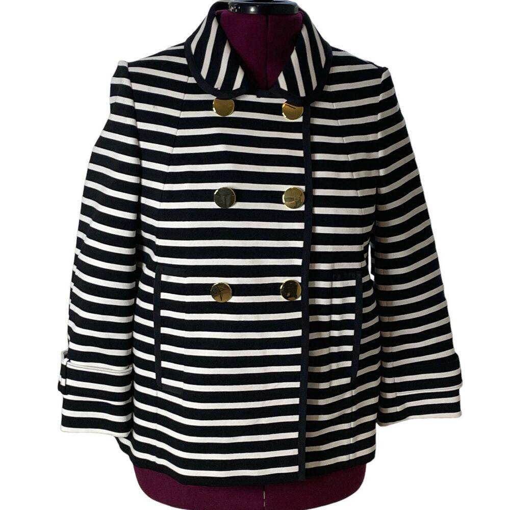 Women's Size 12 Kate Spade Broome Street Black/Cream Stripe Peacoat Jacket - Picture 9 of 12
